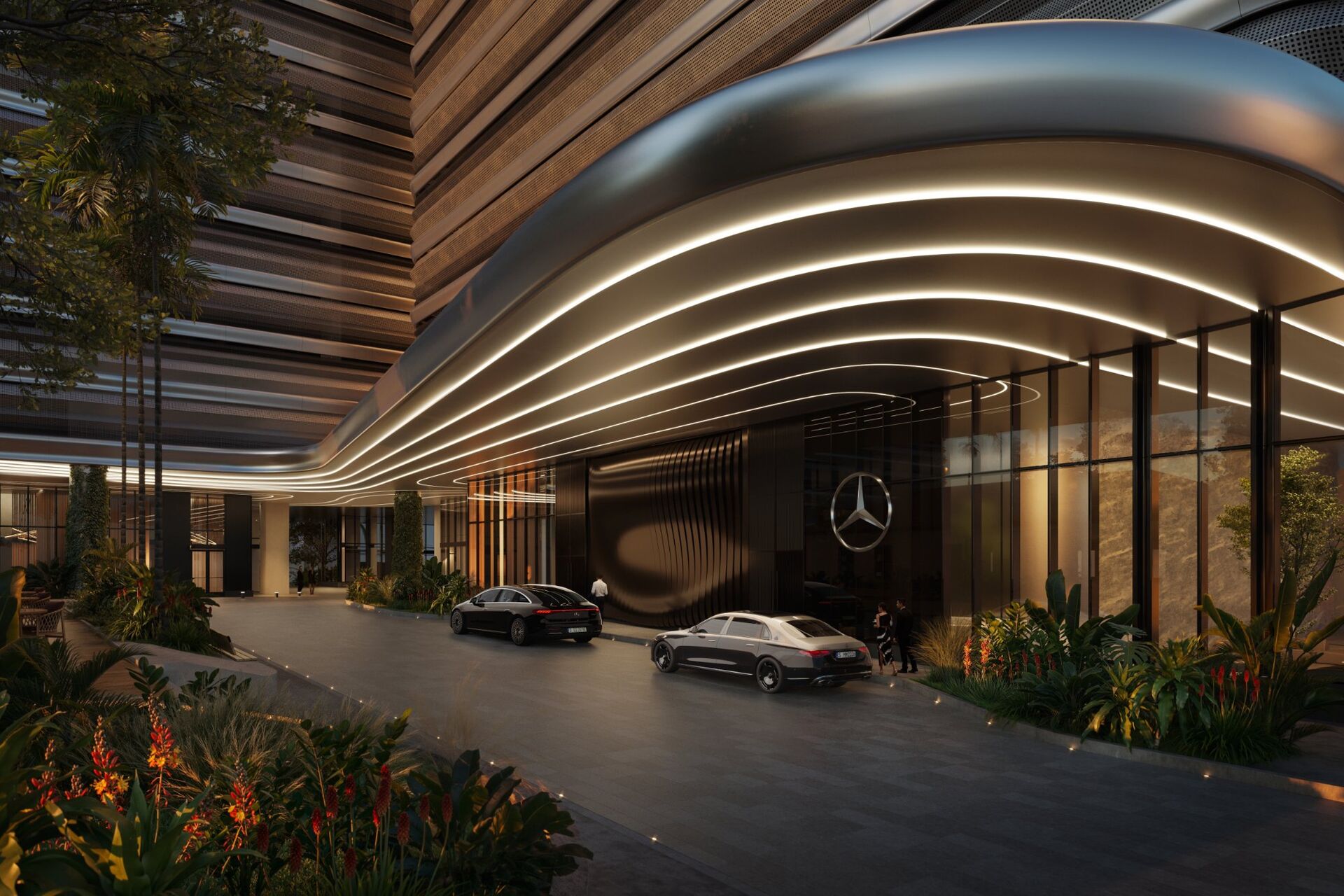 Mercedes-Benz Places Brickell porte-cochere entrance with luxury vehicles and tropical landscaping
