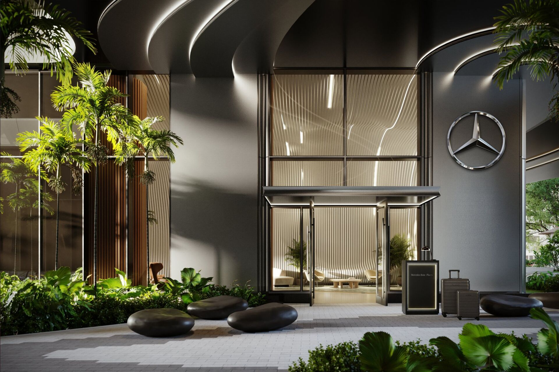 Mercedes-Benz Places grand lobby with Mercedes-Benz emblem