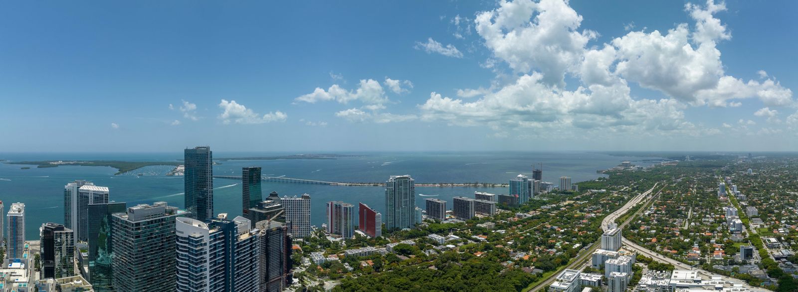 Mercedes-Benz Places Miami, view south from Levels 65 to 67 to the bay and the Rickenbacker Causeway, developer view photography
