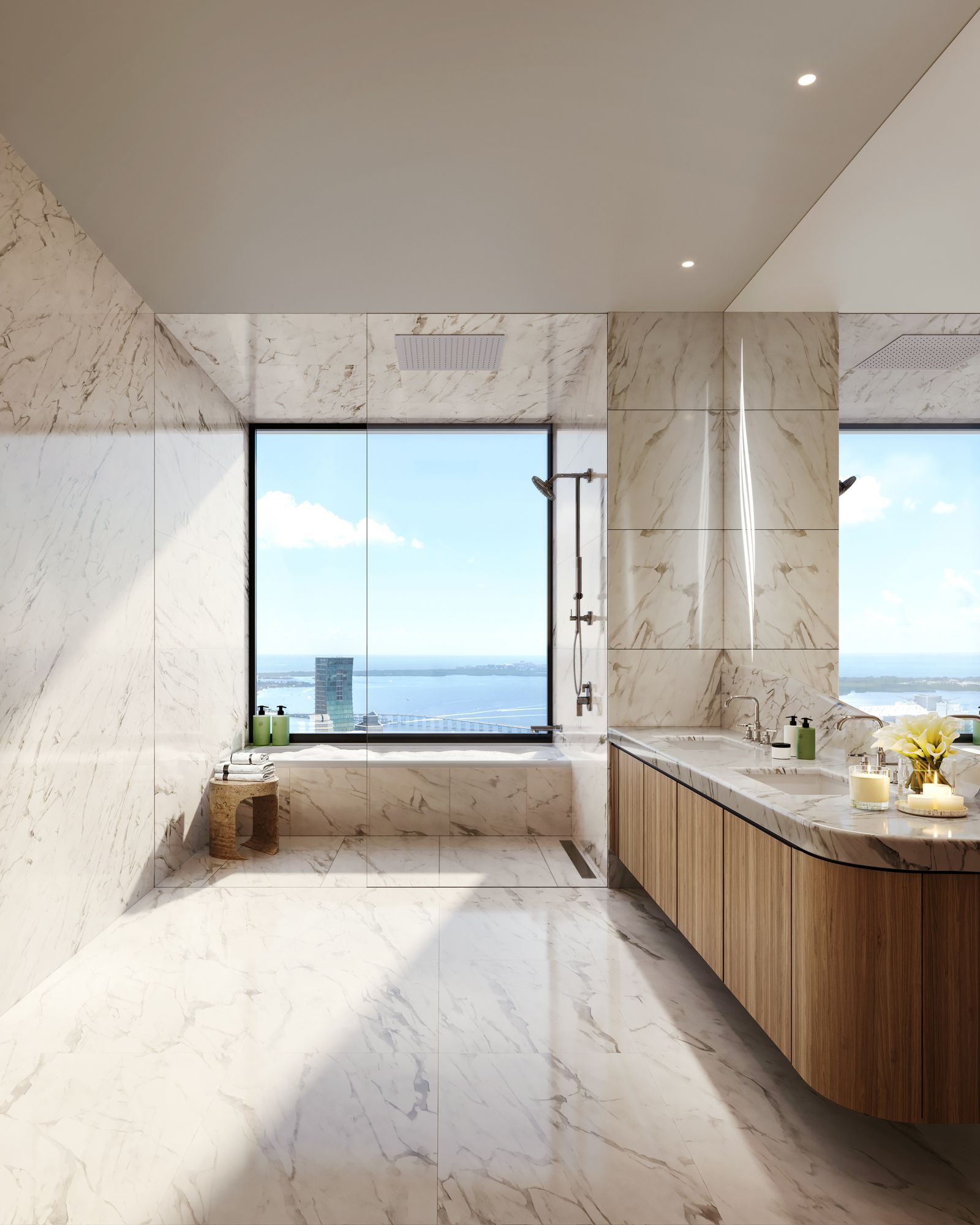 Mercedes-Benz Places Miami, principal bath in Bianco Gioia marble, developer rendering