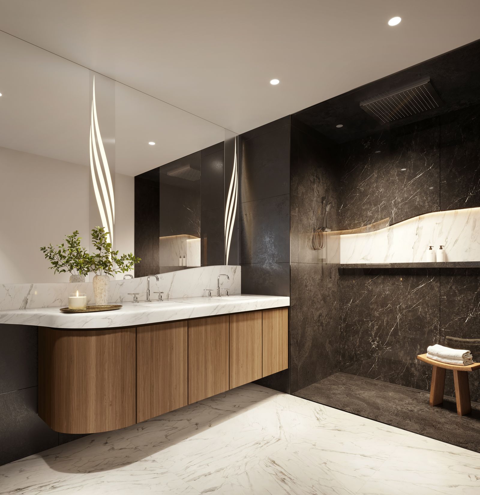 Mercedes-Benz Places Miami, principal bath in Nero Marquina marble, developer rendering