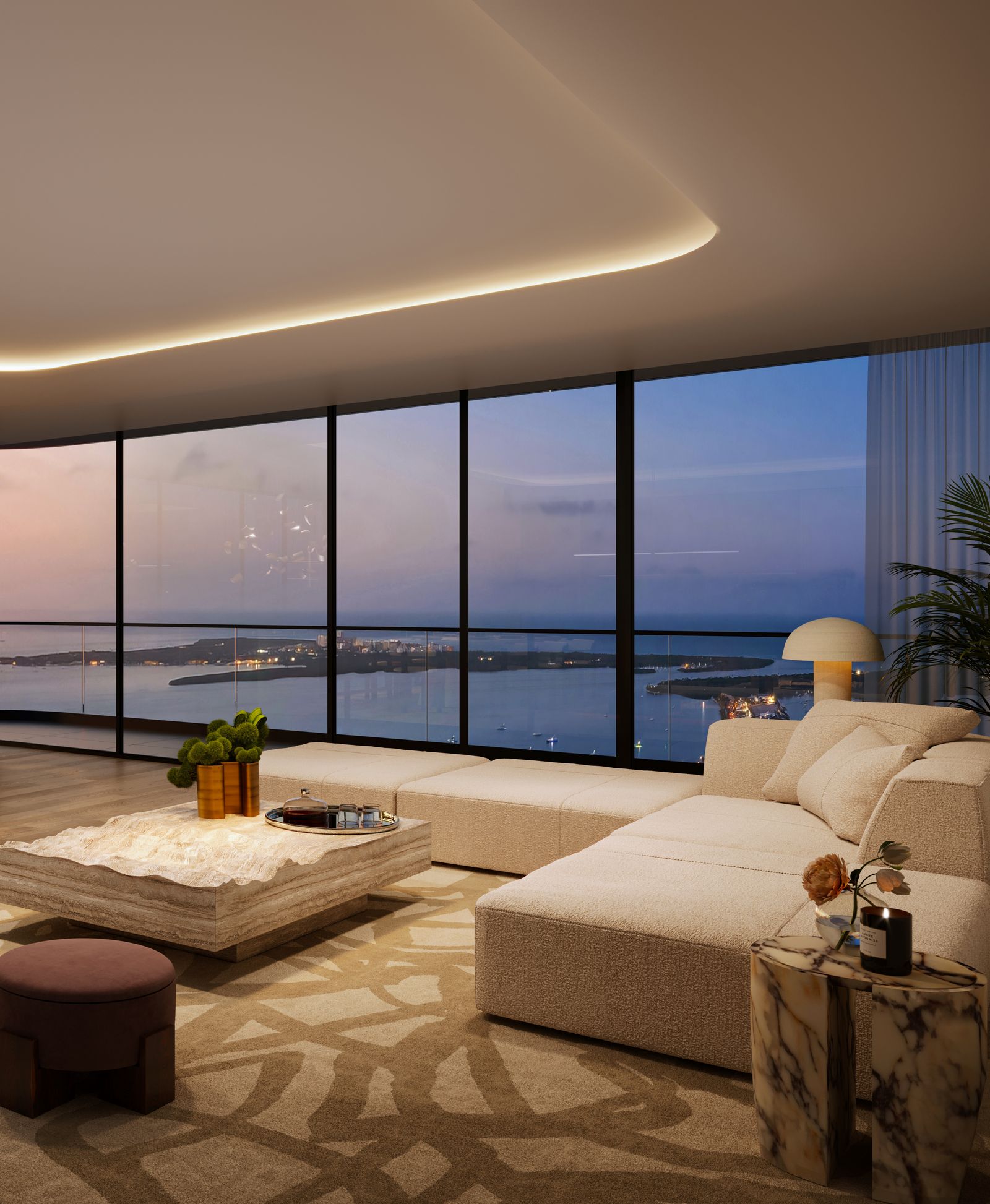 Great room at dusk with floor-to-ceiling glass at Mercedes-Benz Places Miami, developer rendering