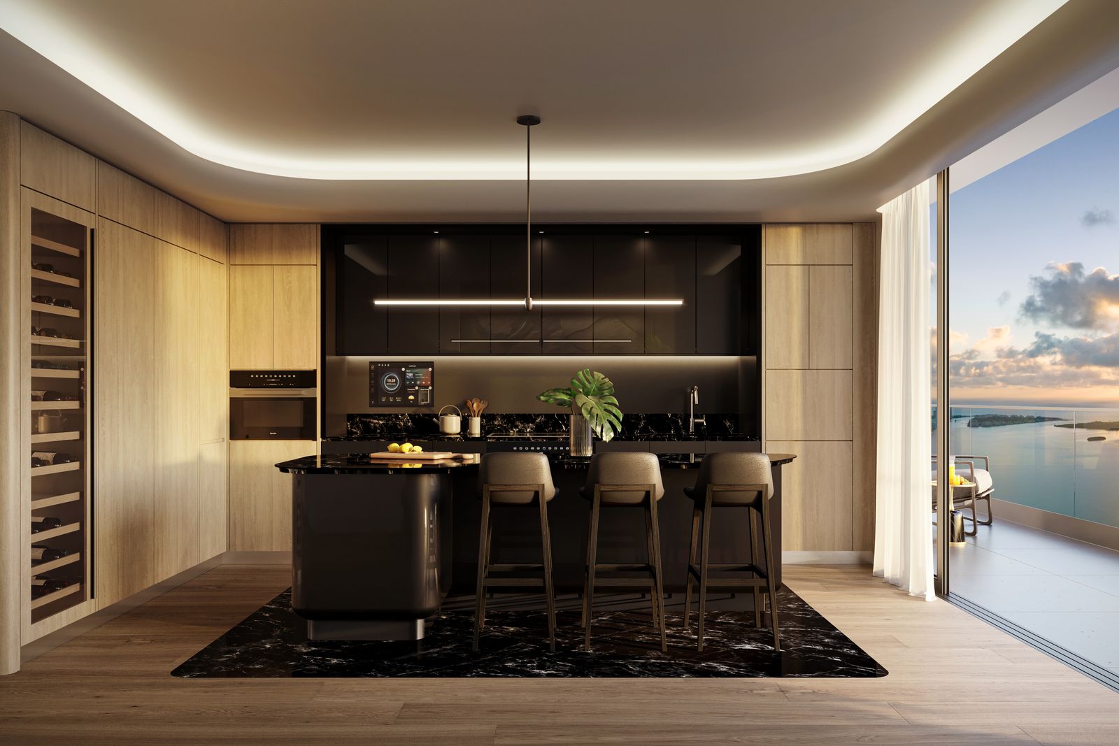 Mercedes-Benz Places Miami, L-shaped kitchen with dark upper cabinets, developer rendering