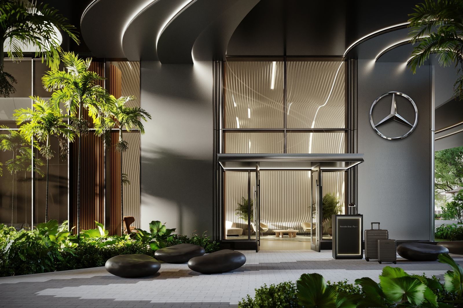 Mercedes-Benz Places Miami, the lobby entrance with the Mercedes-Benz star, developer rendering