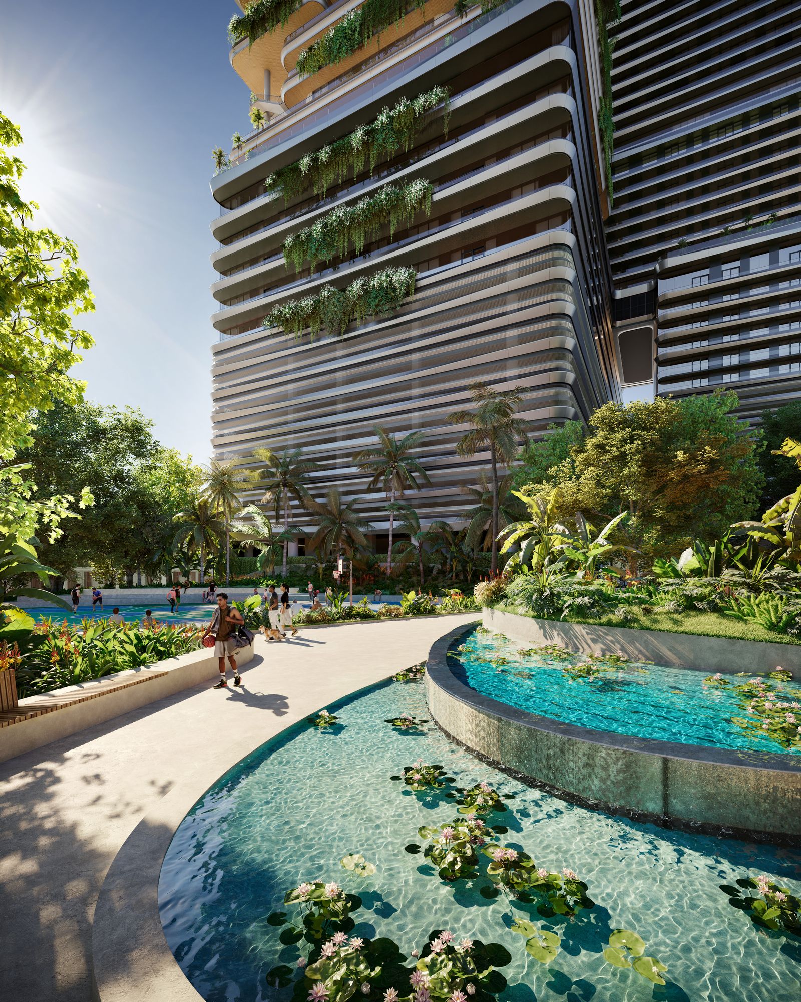 Mercedes-Benz Places Miami, the park fountain below the towers, developer rendering