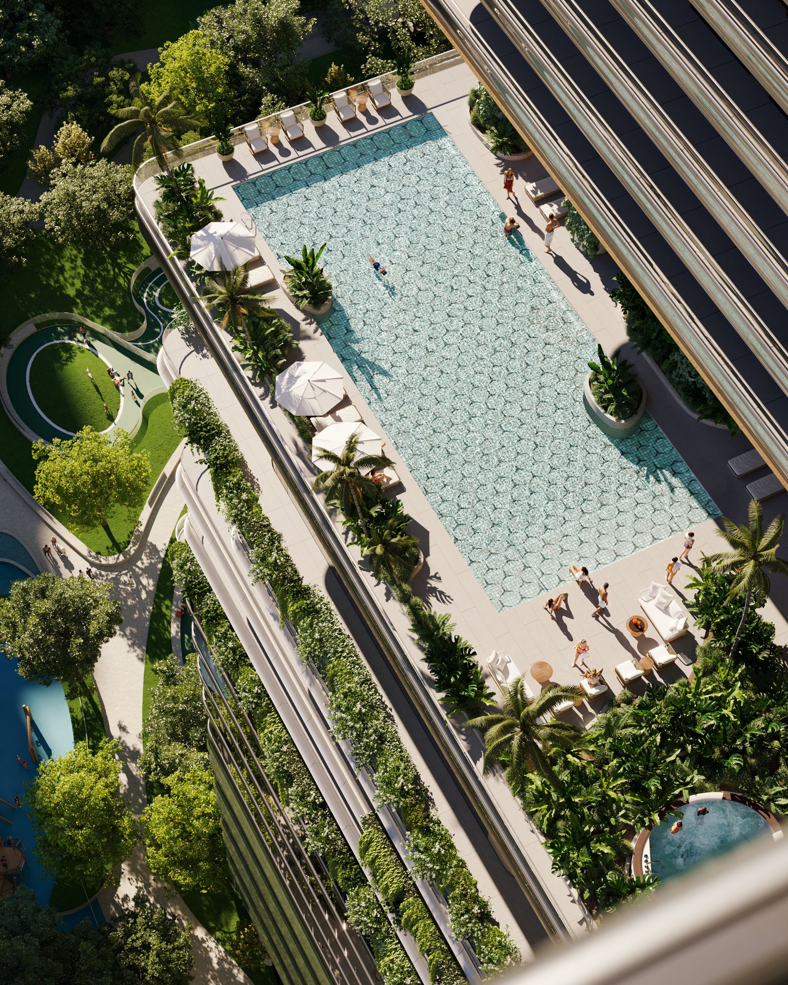 Mercedes-Benz Places Miami, the sun pool deck from above, developer rendering