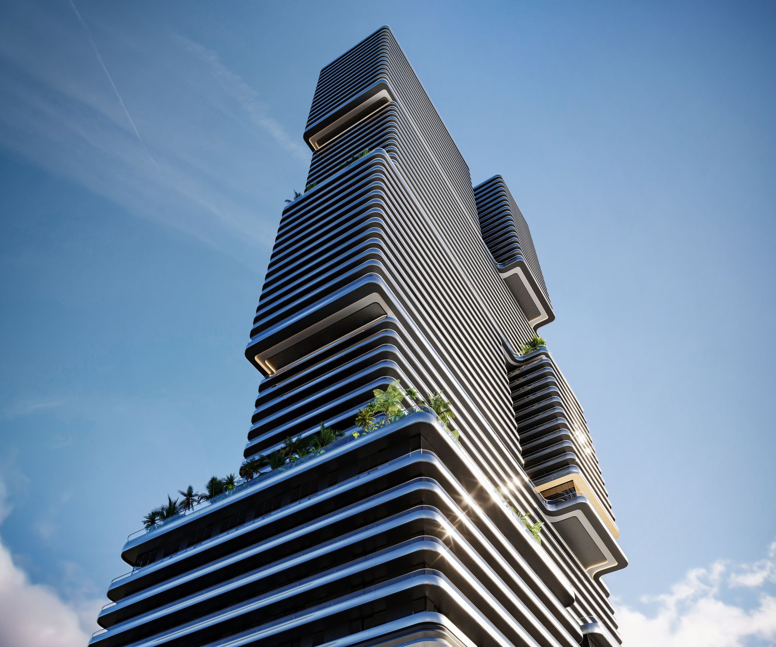 Mercedes-Benz Places Miami seen from below, its stacked volumes and horizontal terraces against the sky, developer rendering
