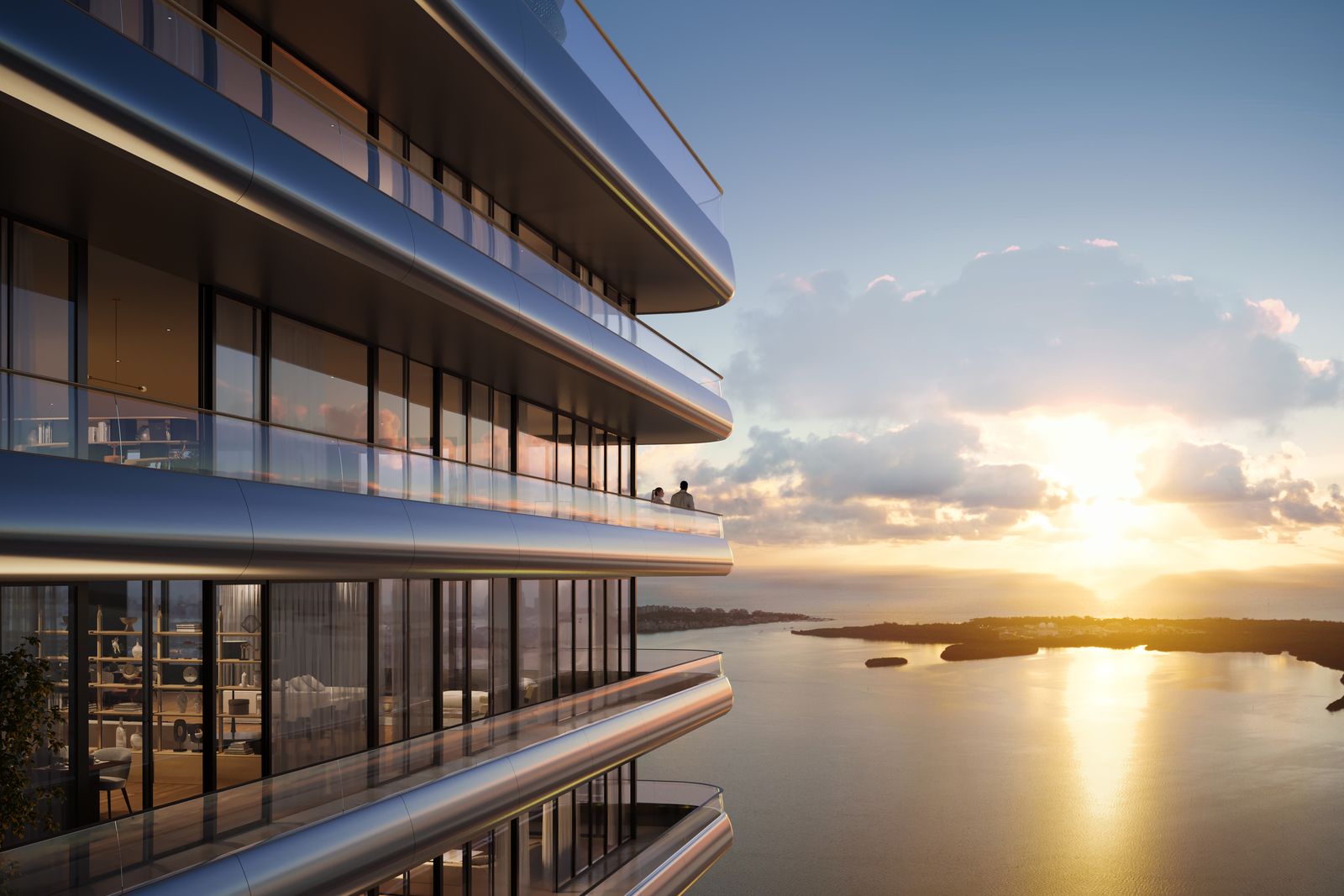 Mercedes-Benz Places Miami, terraces at sunset over the water, developer rendering