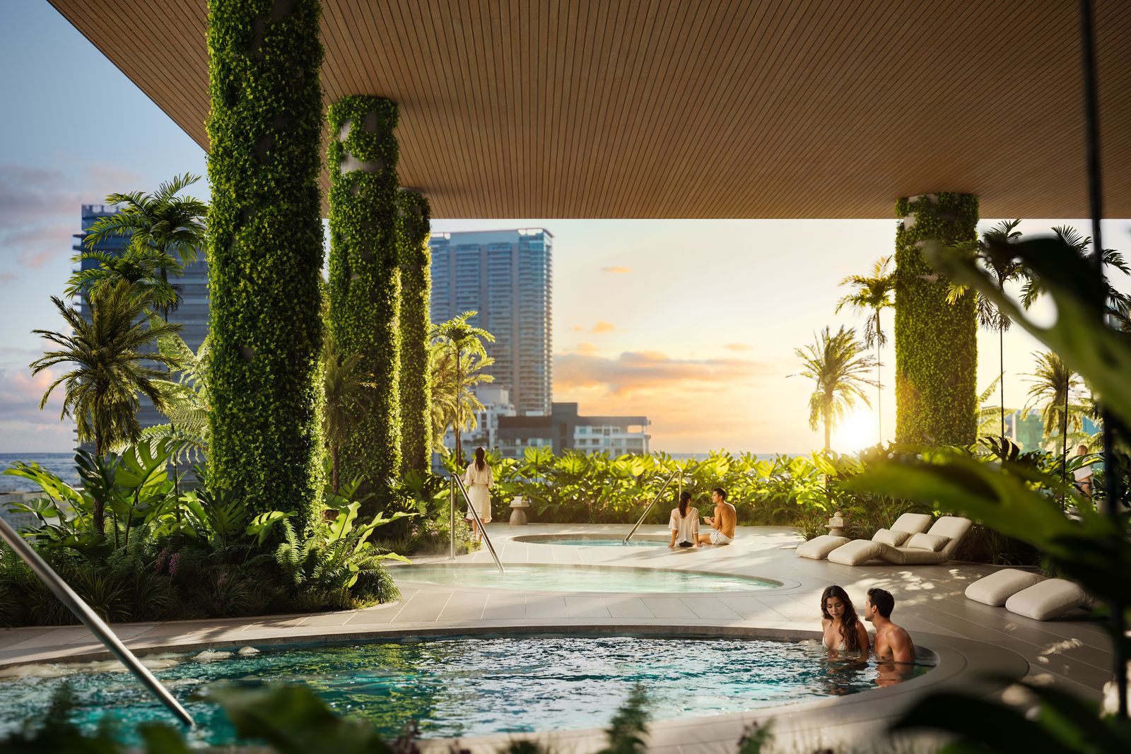 The wellness pool under a green wall at Mercedes-Benz Places Miami, developer rendering